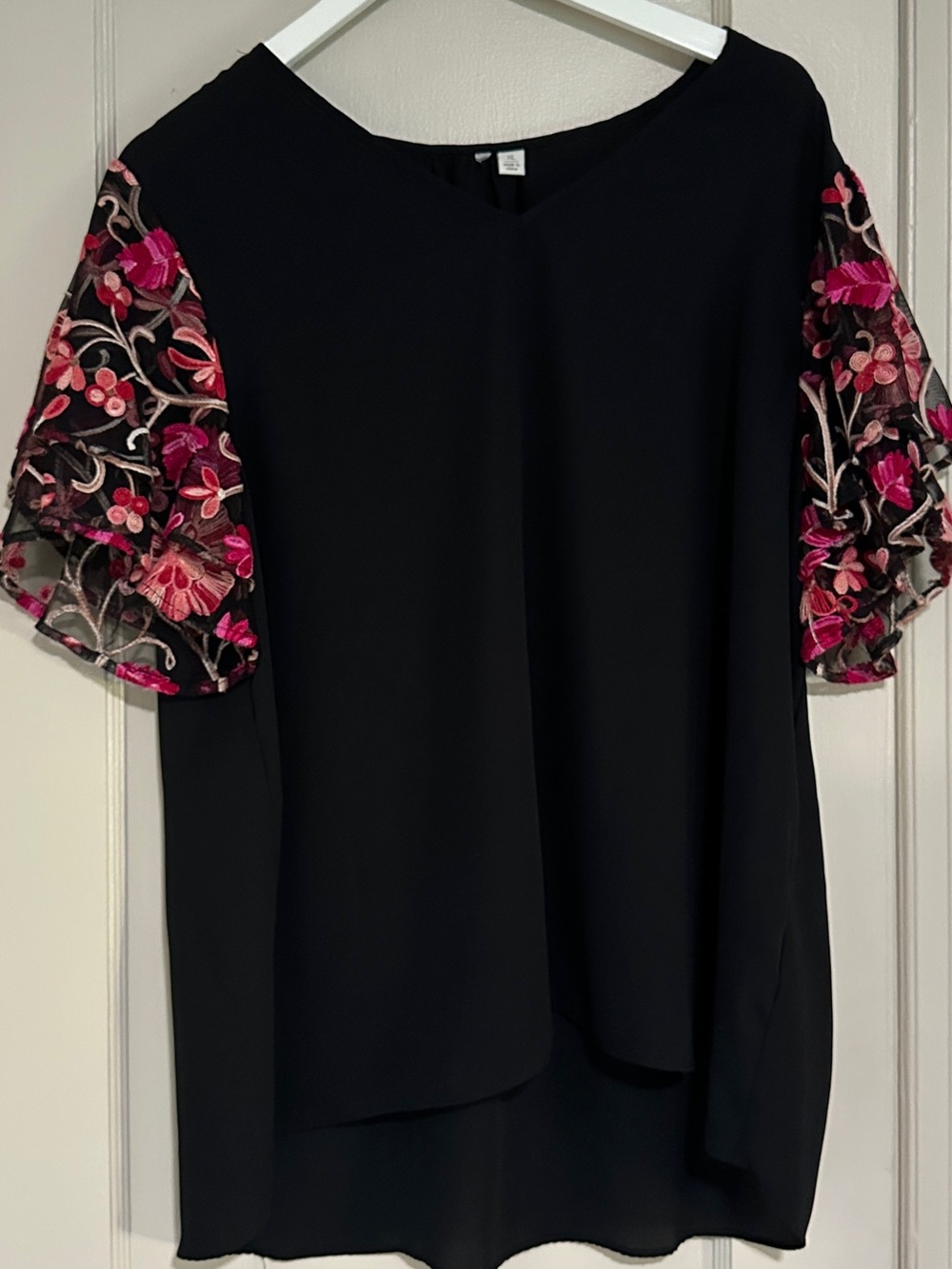 Cato Black Blouse with Pink Floral Embroidered Sheer Sleeves